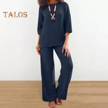 2 шт./компл., женский весенний топ и брюки, комплект с круглым вырезом, рукава три четверти, свободная ретро-эластичная талия с широкими штанинами, сплошной цвет, дышащая мягкая повседневная домашняя одежда S темно-синий