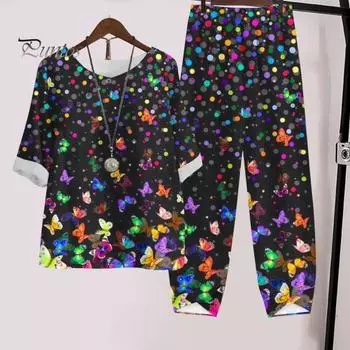 2 шт./компл., женский весенний топ и брюки, комплект с леопардовым принтом и круглым вырезом, свободные пуговицы, декор с половиной рукавом, ретро, эластичная талия, широкая мягкая дышащая повседневная футболка 3XL розовый