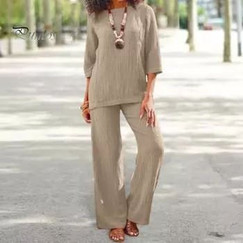 2 шт./компл., женский весенний топ и брюки, комплект с круглым вырезом, рукава три четверти, свободная ретро-эластичная талия с широкими штанинами, сплошной цвет, дышащая мягкая повседневная домашняя одежда S темно-синий