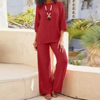 2 шт./компл., женский весенний топ и брюки, комплект с круглым вырезом, рукава три четверти, свободная ретро-эластичная талия с широкими штанинами, сплошной цвет, дышащая мягкая повседневная домашняя одежда S темно-синий