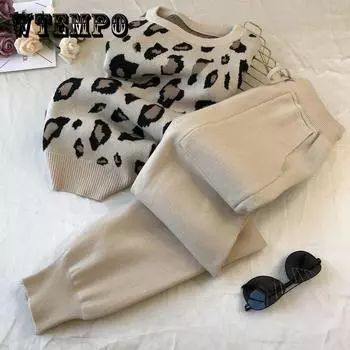 2 шт./компл. женский вязаный леопардовый пуловер, свитера + брюки, комплекты, женские модные джемперы, брюки, костюмы из 2 предметов, S-XXL S хаки