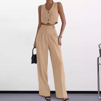 2 шт./компл., женский жилет, брючный костюм, однобортный однобортный топ без рукавов с V-образным вырезом, нерегулярный укороченный топ, высокий S хаки