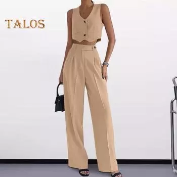 2 шт./компл., женский жилет, брючный костюм, однобортный однобортный костюм без рукавов с V-образным вырезом, нерегулярный укороченный топ с высокой талией, прямой широкий костюм, комплект брюк, повседневная офисная одежда S хаки