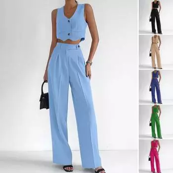 2 шт./компл., женский жилет, брючный костюм, однобортный однобортный топ без рукавов с v-образным вырезом, нерегулярный укороченный топ с высокой талией S хаки