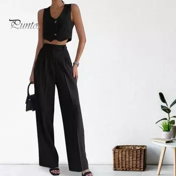 2 шт./компл., женский жилет, брючный костюм, однобортный однобортный костюм без рукавов с V-образным вырезом, нерегулярный укороченный топ с высокой талией, прямой широкий костюм, комплект брюк, повседневная офисная одежда S хаки