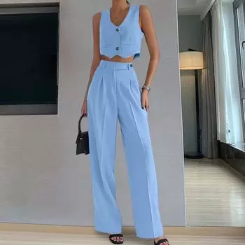 2 шт./компл., женский жилет, брючный костюм, однобортный однобортный костюм без рукавов с V-образным вырезом, нерегулярный укороченный топ с высокой талией, прямой широкий костюм, комплект брюк, повседневная офисная одежда S зелёный