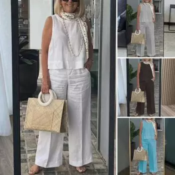 2 шт./компл., женский жилет, брюки, комплект с круглым вырезом, без рукавов, свободный однотонный топ, широкие брюки, повседневная домашняя одежда, комплект из двух частей, спортивный топ, брюки M небесно-голубой