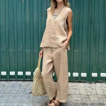 2 шт./компл., женский жилет, брюки, комплект без рукавов с круглым вырезом, свободный верх, эластичный пояс, боковые карманы, брюки, повседневная спортивная одежда, повседневная одежда L хаки
