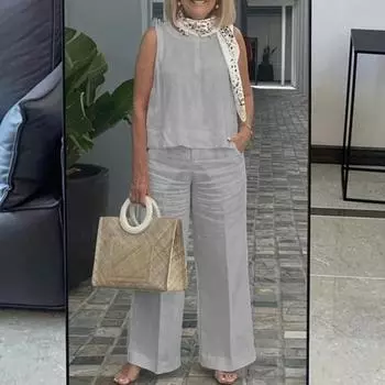 2 шт./компл., женский жилет, брюки, комплект с круглым вырезом, без рукавов, свободный однотонный топ, широкие брюки, повседневная домашняя одежда, комплект из двух частей, спортивный топ, брюки XXXL серый