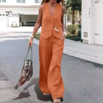 2 шт./компл., женский жилет, брюки, комплект без рукавов с V-образным вырезом, однобортный топ с эластичной резинкой на талии, боковые карманы, прямые брюки, повседневная одежда для поездок на работу, повседневная одежда M армия зеленый