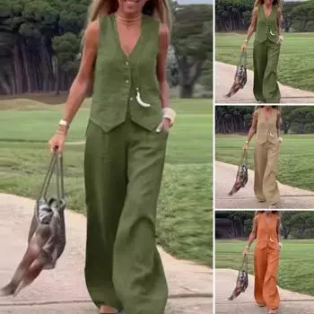 2 шт./компл., женский жилет, брюки, комплект без рукавов с v-образным вырезом, однобортный топ, эластичный пояс, боковые карманы, прямые 4XL хаки