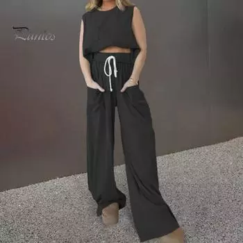 2 шт./компл., женский жилет, брюки, комплект без рукавов с круглым вырезом, сплошной цвет, эластичный шнурок с широкой талией, свободные боковые карманы, повседневные верхние брюки, комплект из двух предметов L