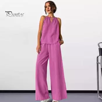 2 шт./компл., женский жилет, брюки, комплект с открытыми плечами, ажурный топ без рукавов с бретелькой на шее, широкие брюки с эластичной резинкой на талии, длинные брюки, наряд для отпуска S хаки