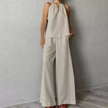2 шт./компл., женский жилет, брюки, комплект с открытыми плечами, ажурный топ без рукавов с бретелькой на шее, широкие брюки с эластичной резинкой на талии, длинные брюки, наряд для отпуска S хаки