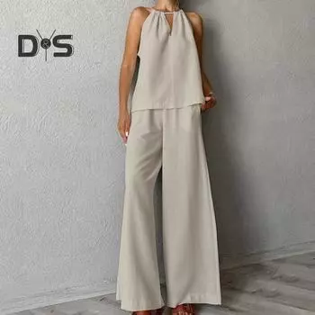 2 шт./компл., женский жилет, брюки, комплект с открытыми плечами, ажурный топ без рукавов с бретелькой на шее, широкие брюки с эластичной резинкой на талии, длинные брюки, наряд для отпуска S хаки