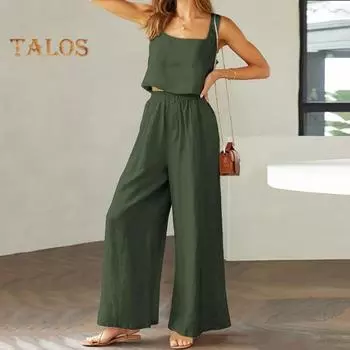 2 шт./компл., женский жилет, брюки, костюм с квадратным вырезом, свободный топ без рукавов, высокая эластичная талия, широкие брюки, повседневная одежда, комплект топа на бретельках, брюки M армия зеленый