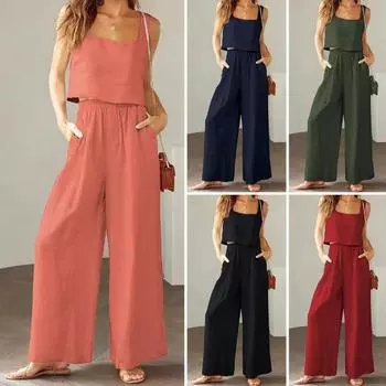 2 шт./компл. женский жилет, брюки, костюм с квадратным вырезом без рукавов, свободный топ с высокой эластичной талией, широкий M армия зеленый