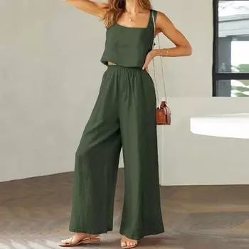 2 шт./компл. женский жилет, брюки, костюм с квадратным вырезом без рукавов, свободный топ с высокой эластичной талией M армия зеленый