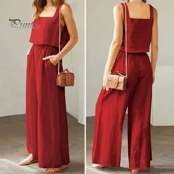 2 шт./компл., женский жилет, брюки, костюм с квадратным вырезом, свободный топ без рукавов, высокая эластичная талия, широкие брюки, повседневная повседневная одежда, комплект брюк на бретелях M армия зеленый