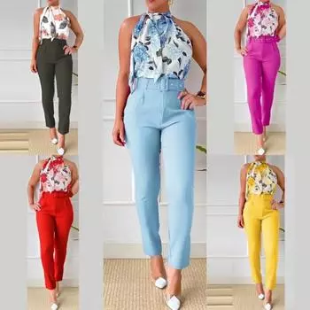 2 шт./компл. женский жилет и брюки комплект без рукавов с цветочным принтом Высокая талия с открытыми плечами и открытой спиной для поездок на работу OL стиль женский топ с лямкой на шее M красный