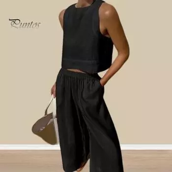 2 шт./компл., женский жилет и брюки, комплект с круглым вырезом, без рукавов, однотонный, с высокой талией, карманами, с широкими штанинами, мягкий повседневный укороченный топ, комплект брюк M темно-синий