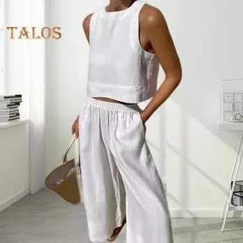 2 шт./компл., женский жилет и брюки, комплект с круглым вырезом, без рукавов, однотонный, с высокой талией, карманами, с широкими штанинами, мягкий повседневный укороченный топ, комплект брюк M темно-синий