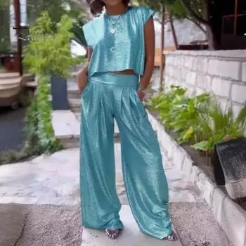 2 шт./компл. женский жилет и брюки комплект ретро с глянцевой поверхностью и металлическим блеском с круглым вырезом без рукавов топ с высокой талией и широкими штанинами плиссированные свободные брюки с карманами XL серебряный