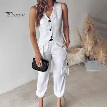 2 шт./компл., женский жилет и брюки, комплект с V-образным вырезом, однобортный жилет без рукавов, в полоску с высокой талией и завязками по краю, девятые брюки, формальный офисный топ для поездок на работу 2XL зелёный