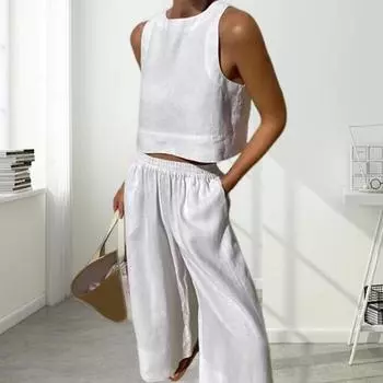 2 шт./компл., женский жилет и брюки, комплект с круглым вырезом, без рукавов, однотонный, с высокой талией, карманами, с широкими штанинами, мягкий повседневный укороченный топ, комплект брюк M темно-синий