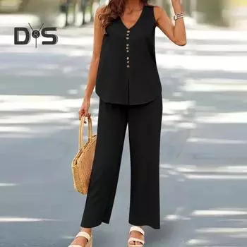 2 шт./компл., женский жилет и брюки, комплект без рукавов с v-образным вырезом и пуговицами, широкий штанин, прямой свободный однотонный женский летний топ, комплект брюк XL бежевый