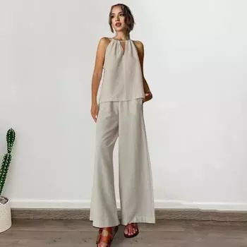 2 шт./компл. женский жилет и брюки комплект с открытыми плечами, открытый топ без рукавов с бретелькой на шее, широкий топ с эластичной резинкой на талии S хаки