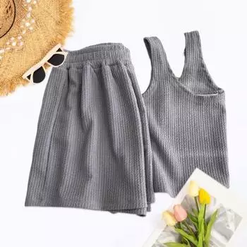 2 шт./компл. женский жилет и шорты, комплект с U-образным вырезом, без рукавов, однотонный, свободный, мягкий, с высокой талией, эластичный топ на бретелях M серый