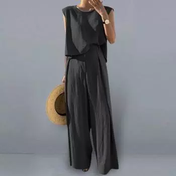 2 шт./компл., женский жилет, комплект брюк, однотонный комплект с круглым вырезом, без рукавов, с высокой талией, прямой, свободный, с широкими штанинами, женская футболка размера плюс, комплект брюк L хаки