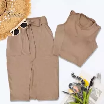 2 шт./компл. женский жилет с юбкой, комплект с круглым вырезом, без рукавов, сплошной цвет, оболочка с высокой талией, разделенными карманами, короткая юбка, топ на бретелях, летний повседневный укороченный топ M зелёный