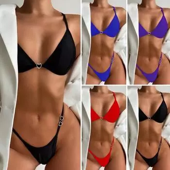 2 шт./компл. женское бикини сплошной цвет сердце из двух частей с открытой спиной металлические украшения на бретельках купальники пляжная одежда S чёрный