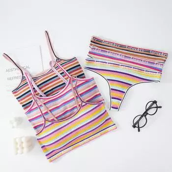 2 шт./компл. женское красочное хлопковое нижнее белье, цветной полосатый бюстгальтер со стрингами, нижнее белье контрастного цвета, жилет, женское бесшовное нижнее белье, укороченные топы One Size чёрный