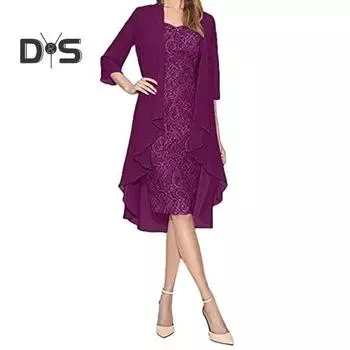 2 шт./компл. женское кружевное платье без рукавов с круглым вырезом, однотонный кардиган с открытым спереди и рукавом 3/4, элегантный женский наряд 3XL небесно-голубой