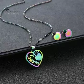 2 шт./компл. женское ожерелье полые Love U Mama подарок на день матери цвета радуги маленькое сердце любовь серьги-гвоздики комплект модных ювелирных изделий разноцветный