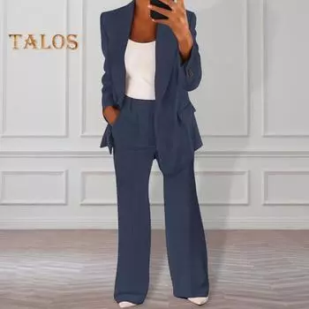 2 шт./компл., женское пальто больших размеров, комплект брюк с лацканами на одной пуговице, кардиган средней длины, куртка с длинными рукавами, широкие брюки с высокой талией, прямые брюки, женские формальные брюки 4XL темно-синий