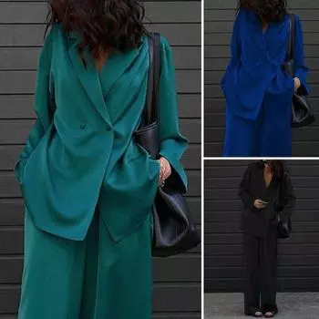 2 шт./компл., женское пальто, брючный костюм, деловой стиль, однотонное, с длинными рукавами, свободное, с отложным воротником, широкое, прямое, женское пальто S зелёный