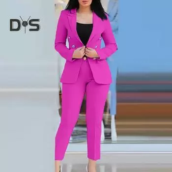 2 шт./компл., женское пальто, брючный костюм, двубортный кадиган с длинным рукавом, куртка с лацканами, высокая талия, пуговицы, застежка-молния, облегающие брюки Lady OL Commute XL чёрный