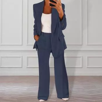 2 шт./компл. женское пальто, брюки, пуговицы, средний комплект с лацканами, одинарный кардиган больших размеров, куртка с длинными рукавами M темно-синий