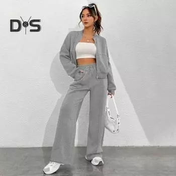 2 шт./компл., женское пальто, брюки, комплект с воротником-стойкой, длинным рукавом на молнии, эластичные манжеты, куртка на шнурке, эластичные брюки с высокой талией, широкие брюки, спорт, фитнес XL зелёный