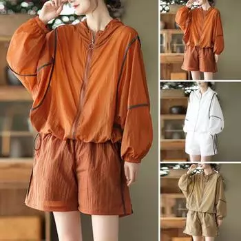 2 шт./компл. женское пальто и шорты комплект с застежкой-молнией с капюшоном и длинным рукавом свободный топ на шнурке эластичная талия L темно-оранжевого