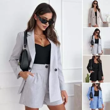 2 шт./компл. женское пальто и шорты, комплект OL, формальный стиль, куртка с длинными рукавами и отложным воротником, высокая S бежевый