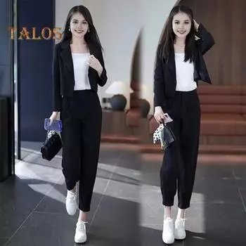 2 шт./компл. женское пальто и брюки, комплект с лацканами и двойными пуговицами, кардиган с длинными рукавами, куртка с высокой талией, однотонные брюки, женская официальная коммутационная одежда, деловая одежда M чёрный