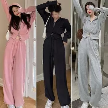 2 шт./компл. женское пальто и брюки комплект двойной молнии с длинными рукавами кардиган с капюшоном мягкий термостойкий повседневный эластичный пояс M розовый