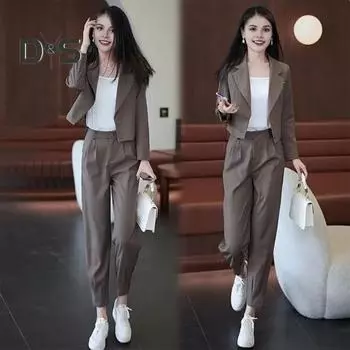 2 шт./компл. женское пальто и брюки, комплект с лацканами и двойными пуговицами, кардиган с длинными рукавами, куртка с высокой талией, однотонные брюки, женская официальная коммутационная одежда, деловая одежда M чёрный