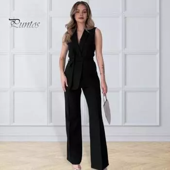 2 шт./компл. Женское пальто и брюки, комплект с V-образным вырезом на шнуровке, тонкая талия, кардиган средней длины, куртка без рукавов, широкие брюки с высокой талией, прямые брюки, женские формальные брюки M чёрный