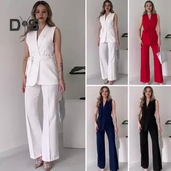 2 шт./компл. Женское пальто и брюки, комплект с V-образным вырезом на шнуровке, тонкая талия, кардиган средней длины, куртка без рукавов, широкие брюки с высокой талией, прямые брюки, женские формальные брюки M чёрный